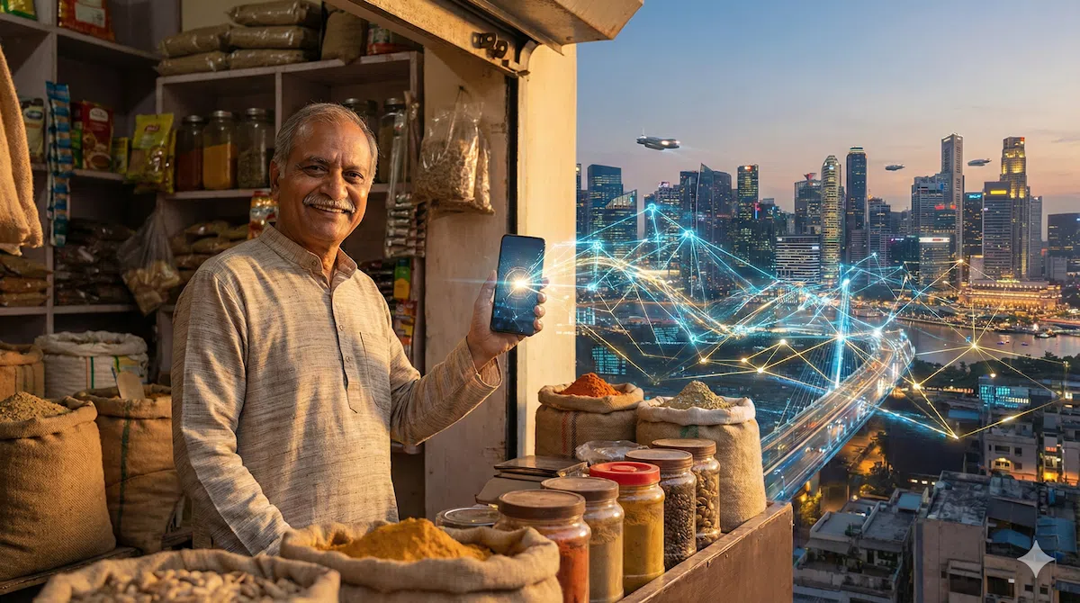 An Indian Kirana store owner using a smartphone to connect to the ONDC network using AI technology