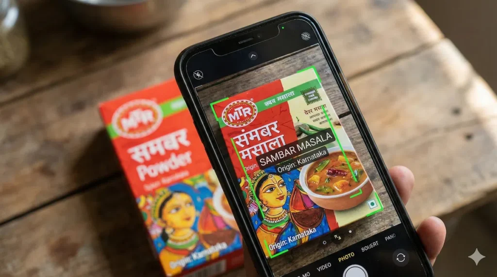 A smartphone using AI cataloging computer vision to scan and list a product for an Indian e-commerce network