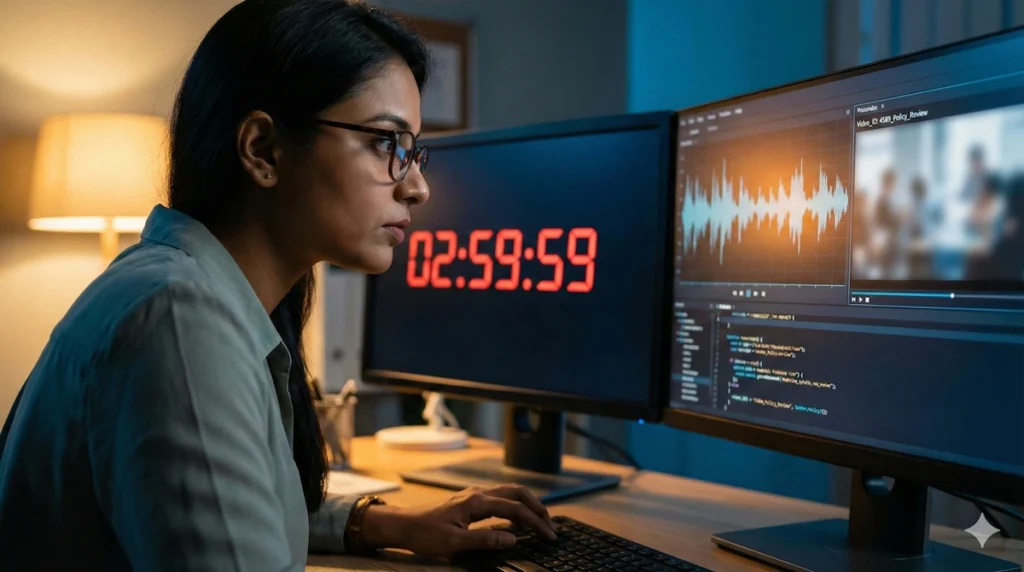 A content moderator analyzing synthetic media against a countdown timer, highlighting the 3-hour window in the India deepfake regulations 2026.