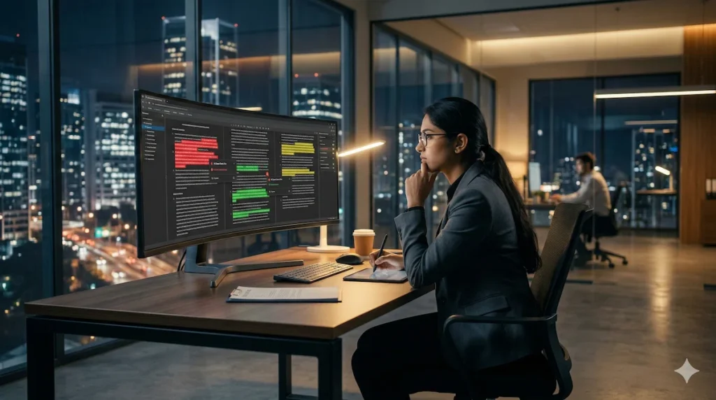 An Indian lawyer using B2B legal SaaS to perform AI contract analysis on a computer