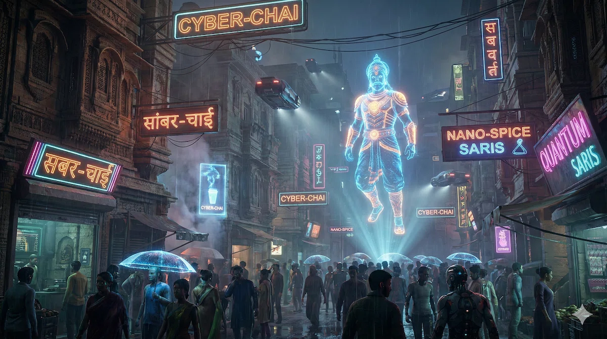 A futuristic Indian market representing the procedural generation used in AI gaming in India