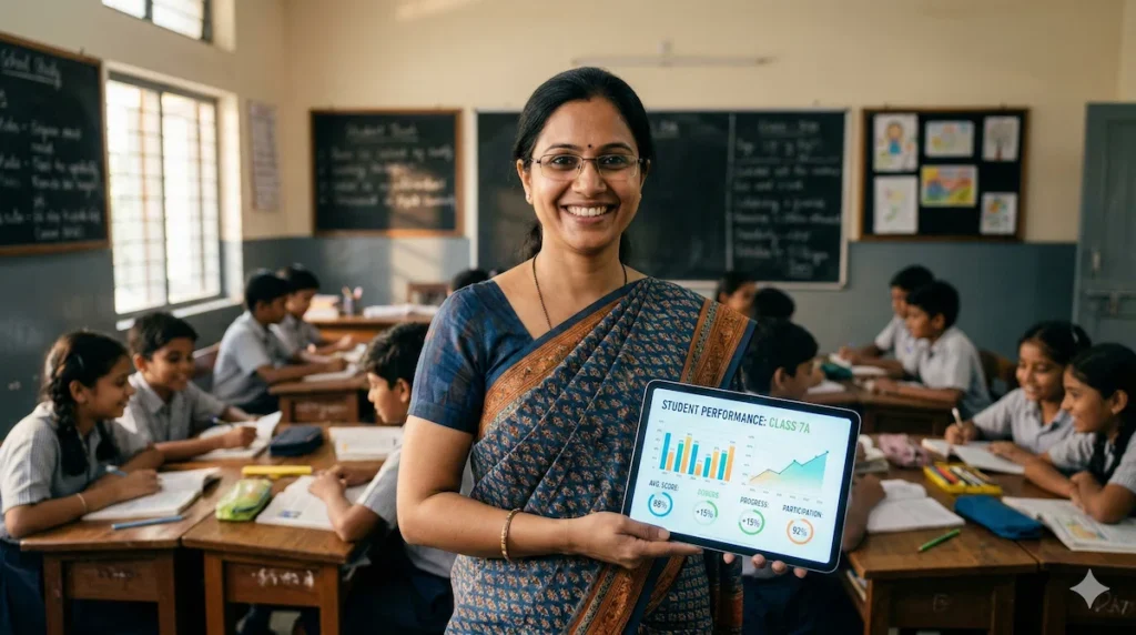 An Indian school teacher using an AI dashboard on a tablet to monitor student progress in a classroom