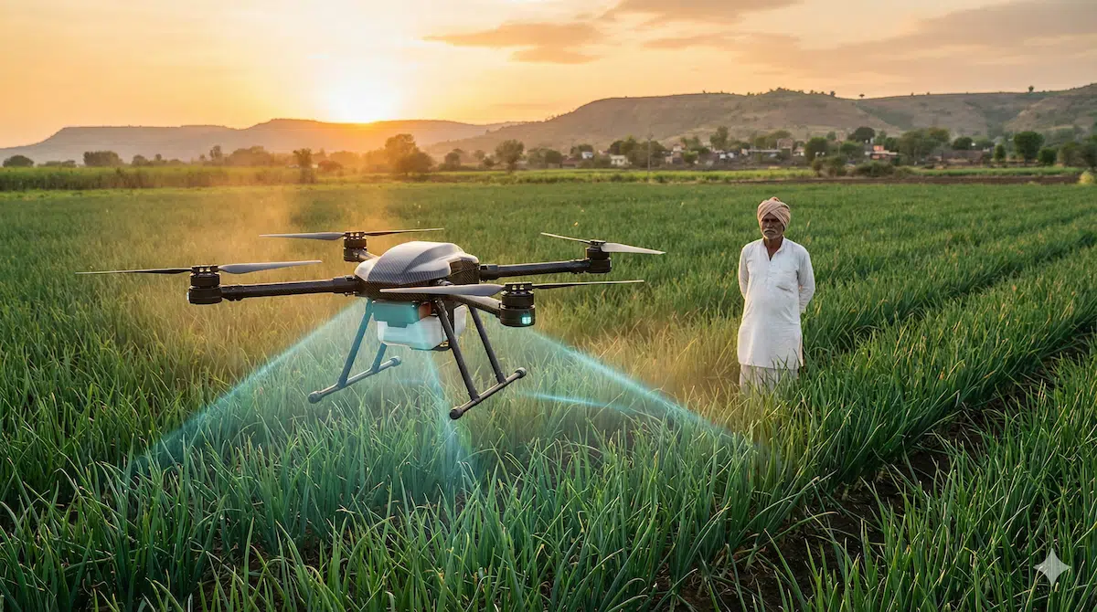 AI in Indian agriculture: Drone performing crop disease detection over a farm in Maharashtra.