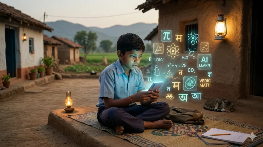 An Indian student in a rural setting using a smartphone with an AI tutor for personalized learning
