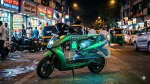 An electric scooter in India integrated with glowing AI battery management software.