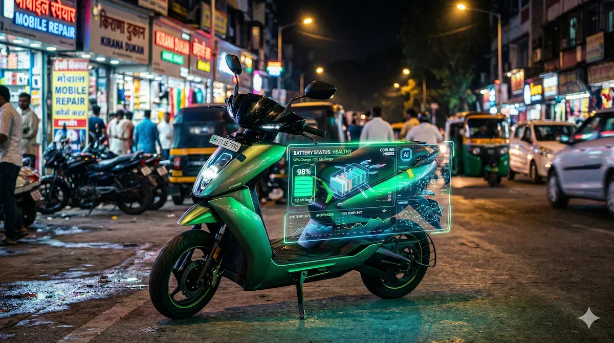 An electric scooter in India integrated with glowing AI battery management software.