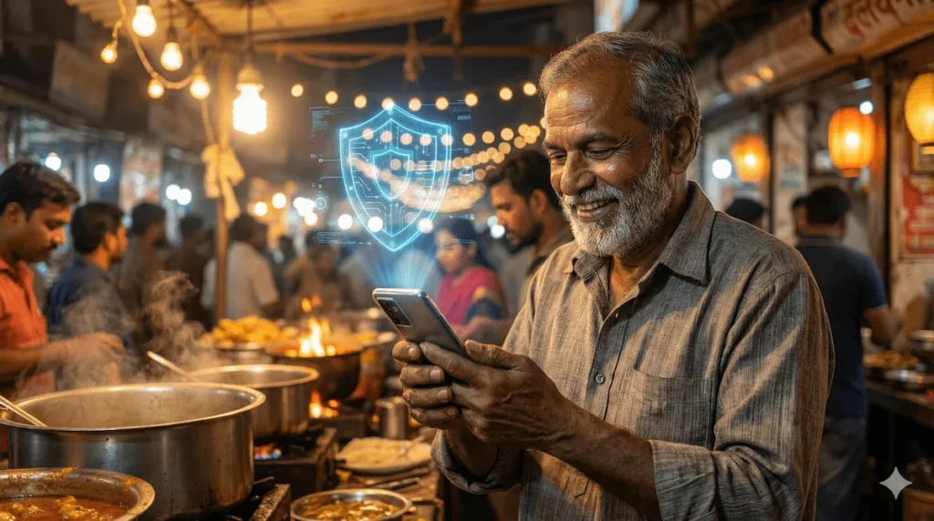 An Indian street vendor using a smartphone protected by a glowing digital shield, representing AI in Indian FinTech securing UPI transactions.