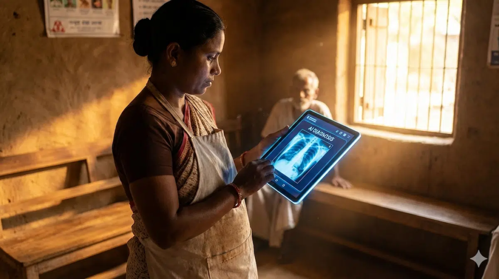 Indian healthcare worker analyzing a chest X-ray on a tablet, demonstrating the use of AI in Indian healthcare within a rural clinic.