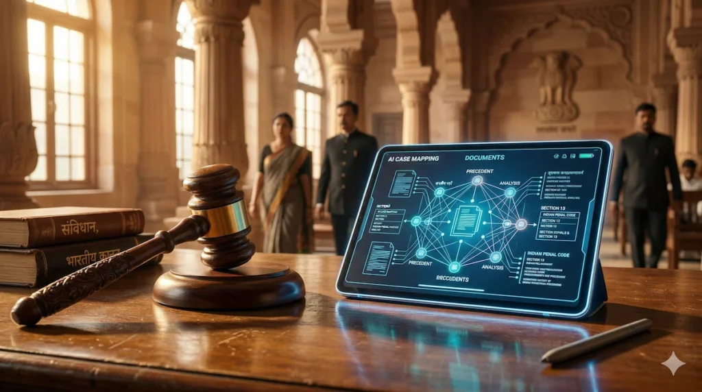 A wooden gavel next to a glowing AI tablet representing the modernization of Indian LegalTech