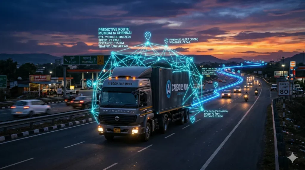 A commercial truck on an Indian highway guided by glowing AI routing data.