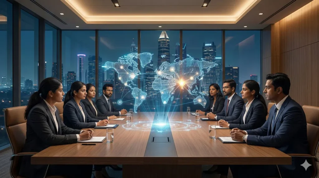 Venture capitalists analyzing deep-tech and AI startup funding opportunities in an Indian boardroom.
