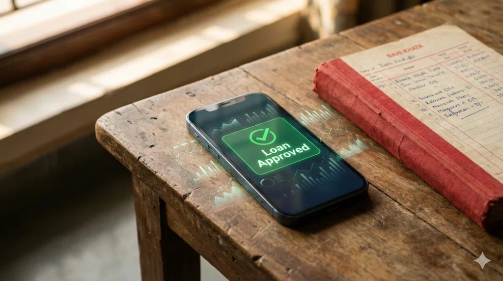 A smartphone showing an approved micro-loan next to a traditional ledger, highlighting alternative credit scoring for rural businesses.