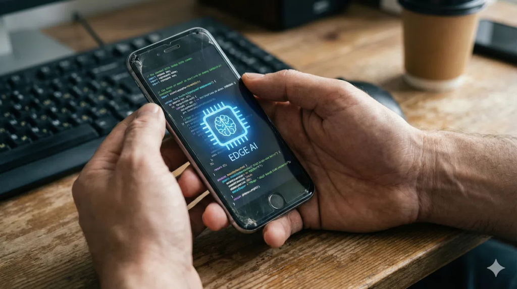 Developer testing BharatGPT Mini small language model on a mobile device.