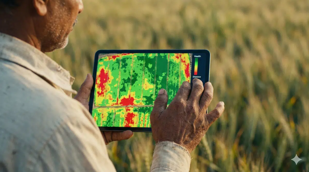 Farmer using agri-tech startup software for precision crop disease detection.