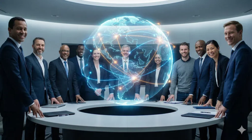 International leaders collaborating on global AI governance and democratic diffusion at the AI Impact Summit.