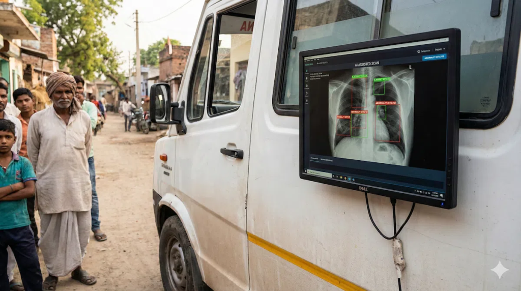 Mobile diagnostic unit using AI software for instant TB detection from chest X-rays.