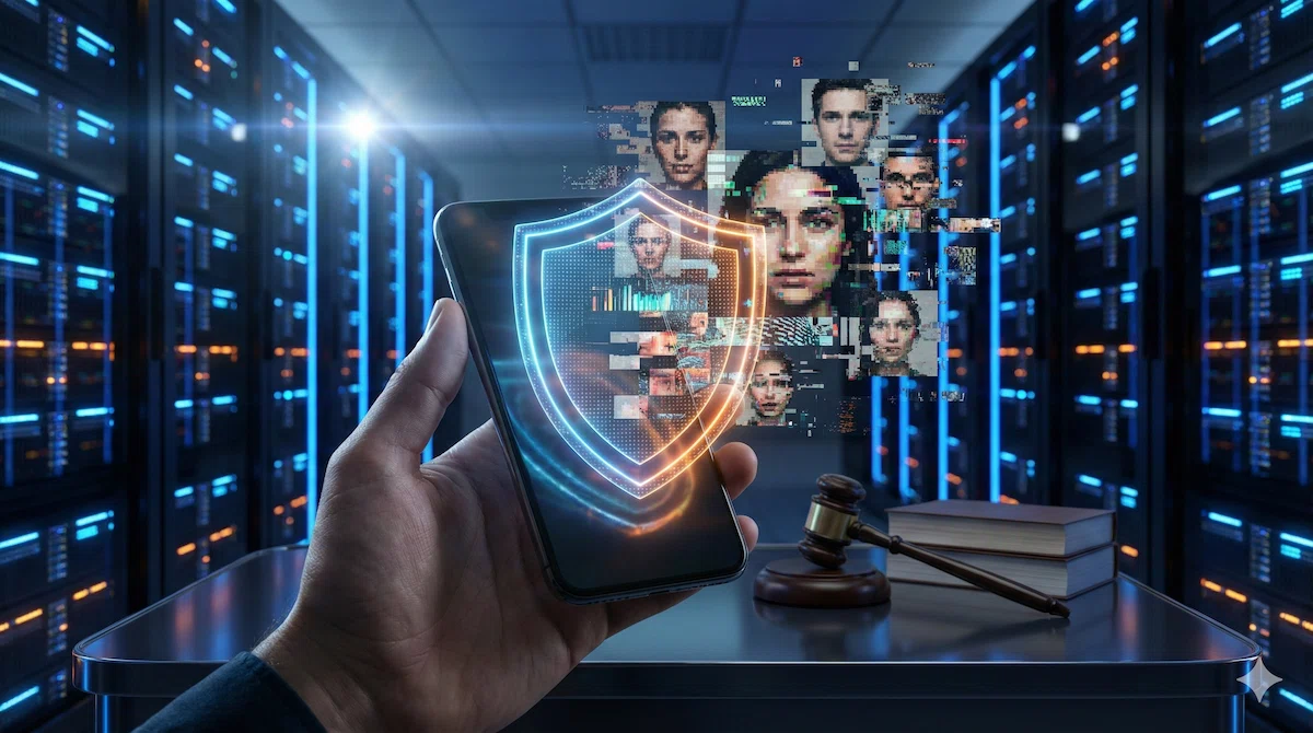 A digital shield protecting a smartphone from deceptive AI media, representing the India deepfake regulations 2026.