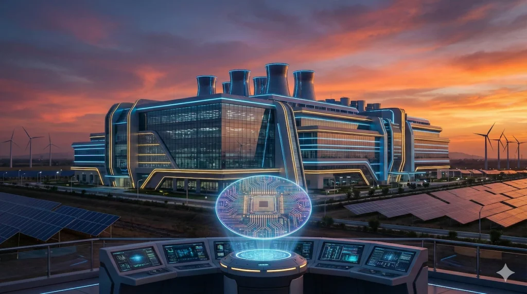 A futuristic mega-fab at twilight representing the massive India semiconductor boom.