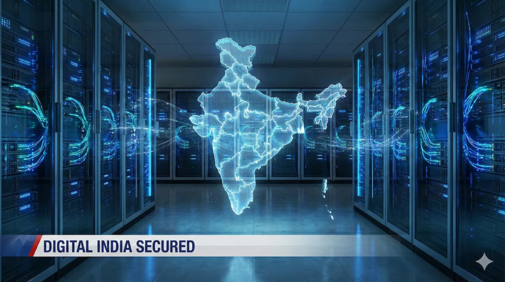 Futuristic digital map of India representing the new Sovereign AI Mission and 10,000 GPU supercomputer infrastructure.