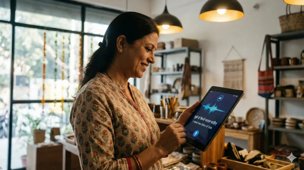 A local business owner benefiting from the market impact of native Indian LLMs in everyday commerce