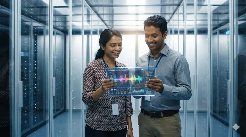 Indian software developers analyzing voice AI data, highlighting the startups building Indic language AI models.