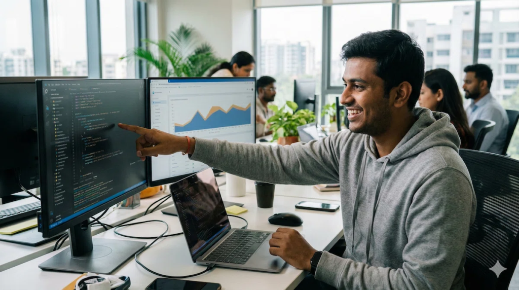 An Indian software developer working on AI code in a Bangalore startup hub, representing the beneficiaries of the Sovereign AI mission.