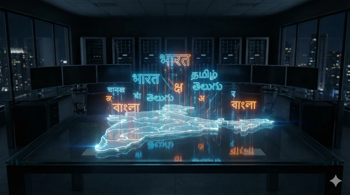 A holographic map of India showing various regional scripts, representing the rise of Indic language AI models.