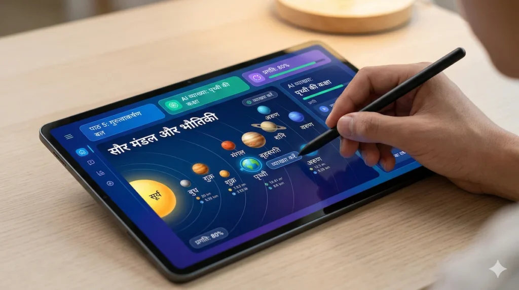 A tablet displaying an AI-powered physics lesson in Hindi for an Indian student