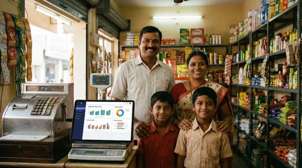 An Indian family benefiting from Kirana store digitization and predictive inventory tools to grow their retail business