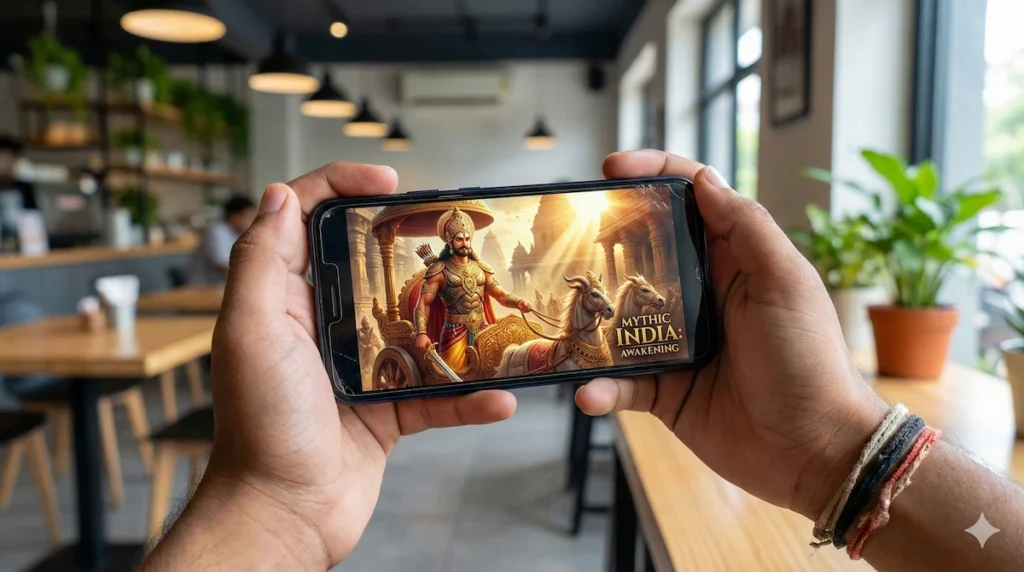 A gamer experiencing high-end graphics on a smartphone, showcasing localized mobile gaming optimized by AI.
