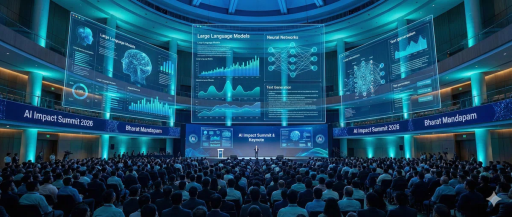 Main stage of the New Delhi AI summit with futuristic holographic tech.