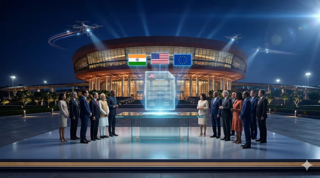 A glowing digital document representing the global signing of the New Delhi Declaration on AI 2026.