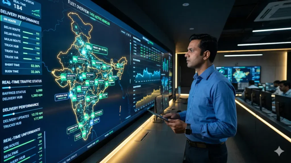 An Indian logistics manager using B2B logistics software to track freight routes across the country