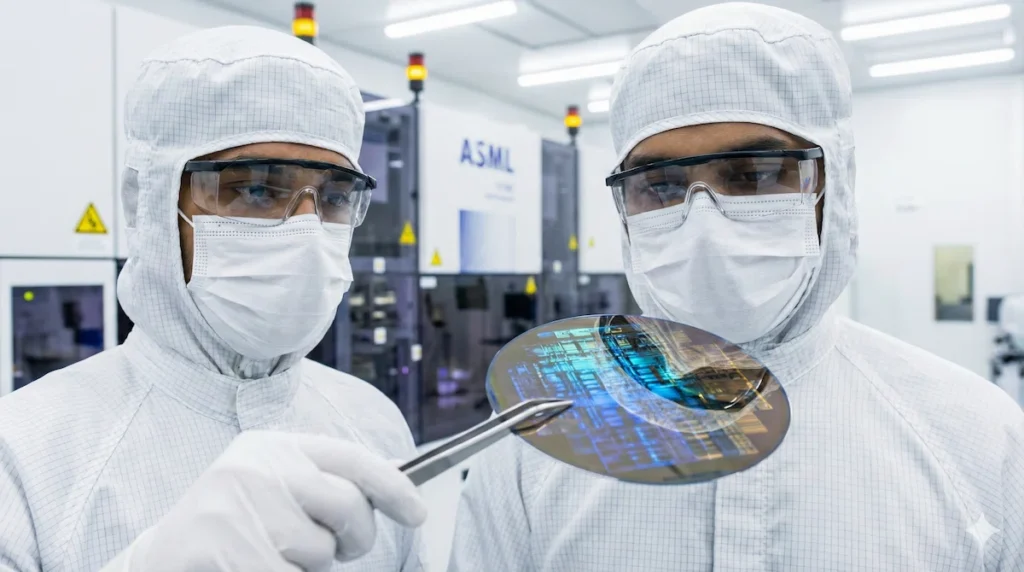 An engineer in a cleanroom examining a silicon wafer, highlighting the production of Tata Electronics AI chips.