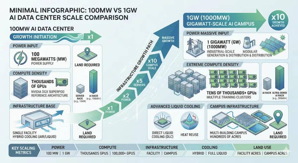 100MW vs 1GW AI data center capacity comparison