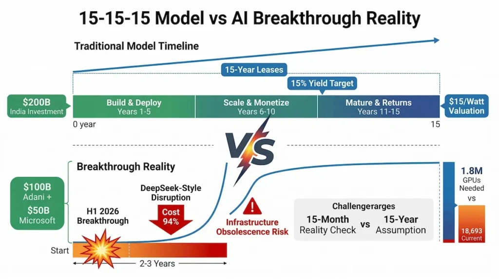 15-15-15 data center model vs AI breakthrough timeline India infrastructure investment disruption risk infographic