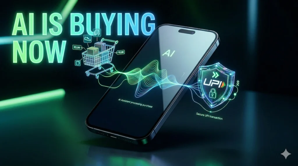 AI agent processing a secure UPI payment on a smartphone representing agentic commerce.