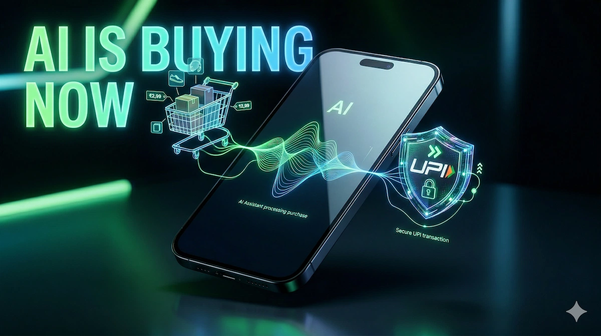 AI agent processing a secure UPI payment on a smartphone representing agentic commerce.