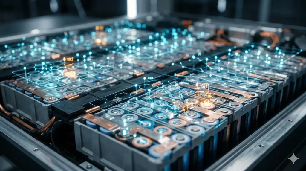 An AI Battery Management System monitoring lithium-ion cells for thermal runaway