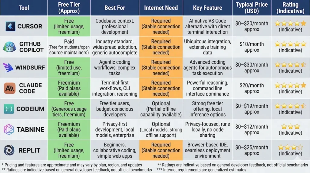 AI coding tools comparison table Cursor vs Copilot vs Windsurf free tier pricing India internet requirements features