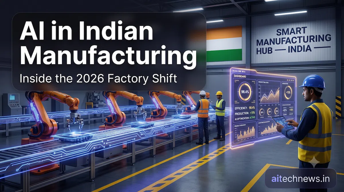 AI in Indian manufacturing 2026 — smart factory with robotic automation and AI dashboard, India