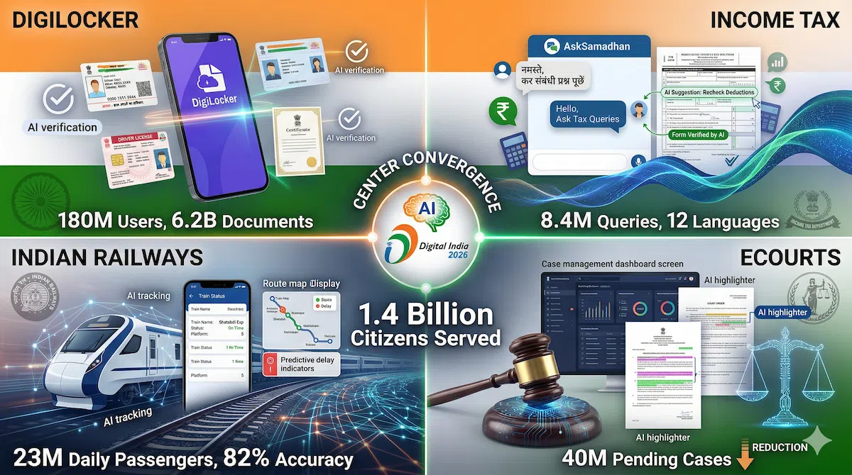 AI transforming Indian government services 2026 DigiLocker Income Tax Railways eCourts Digital India 1.4 billion citizens automation