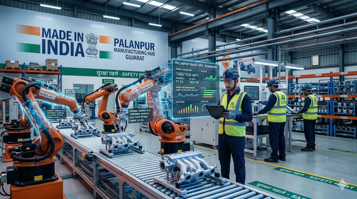 AI in Indian manufacturing smart factory with robotic automation and workers monitoring dashboards