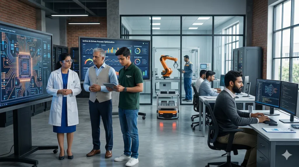 Indian startups and MSMEs using AI tools and digital infrastructure in a modern business environment