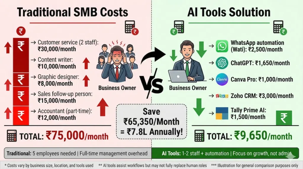 AI tools vs traditional staff costs Indian SMB savings ₹65000 monthly WhatsApp ChatGPT Canva Zoho Tally comparison