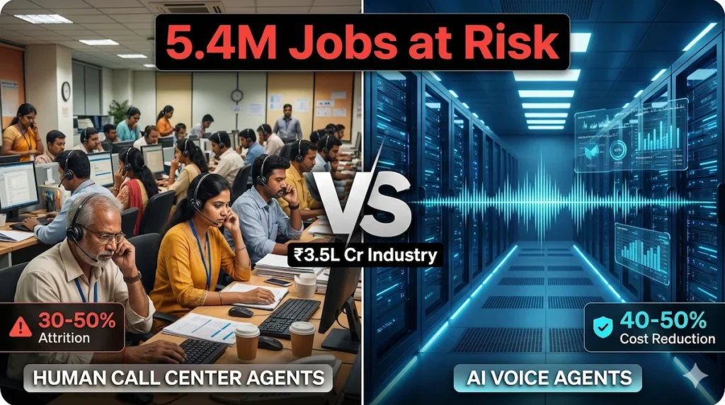 AI voice agents vs Indian BPO call center workers industry crisis 5.4 million jobs at risk comparison