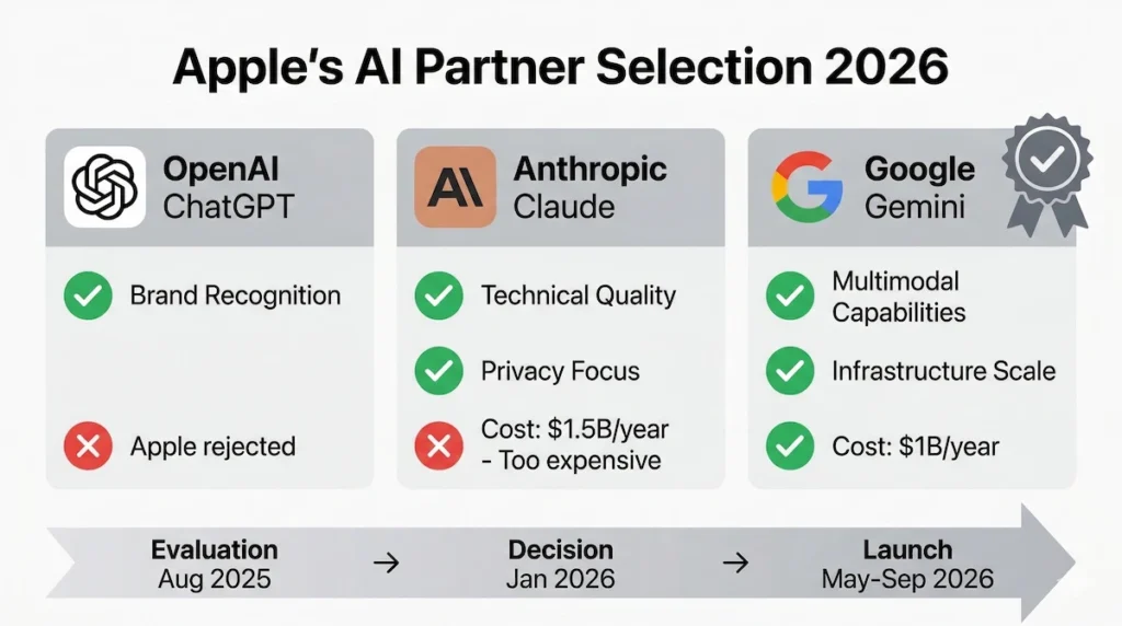Apple AI partner evaluation comparison OpenAI ChatGPT vs Anthropic Claude vs Google Gemini selection infographic