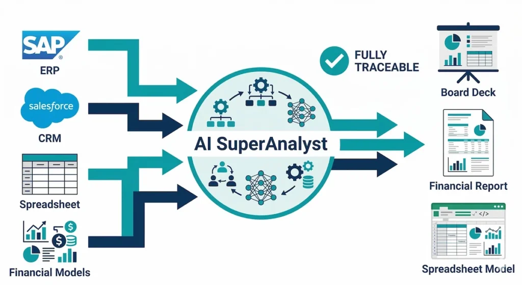 AI SuperAnalyst multi-agent workflow automating enterprise reporting from ERP and CRM data