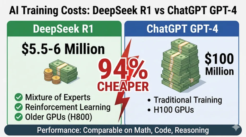 DeepSeek R1 training cost 6 million vs ChatGPT GPT-4 100 million dollar comparison infographic
