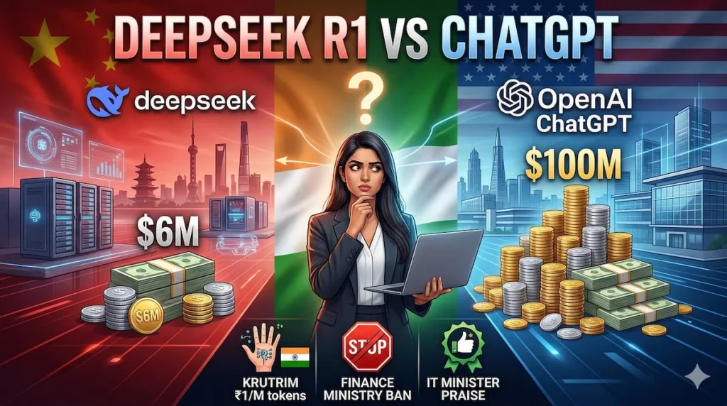 DeepSeek R1 vs ChatGPT comparison India caught between China 6 million vs US 100 million dollar AI models